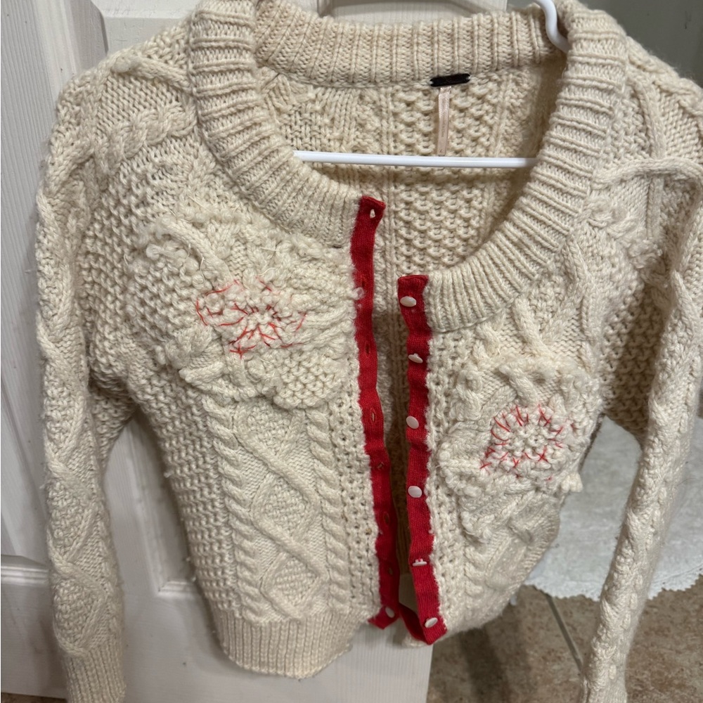 Free People Cream and Red Cardigan Sweater